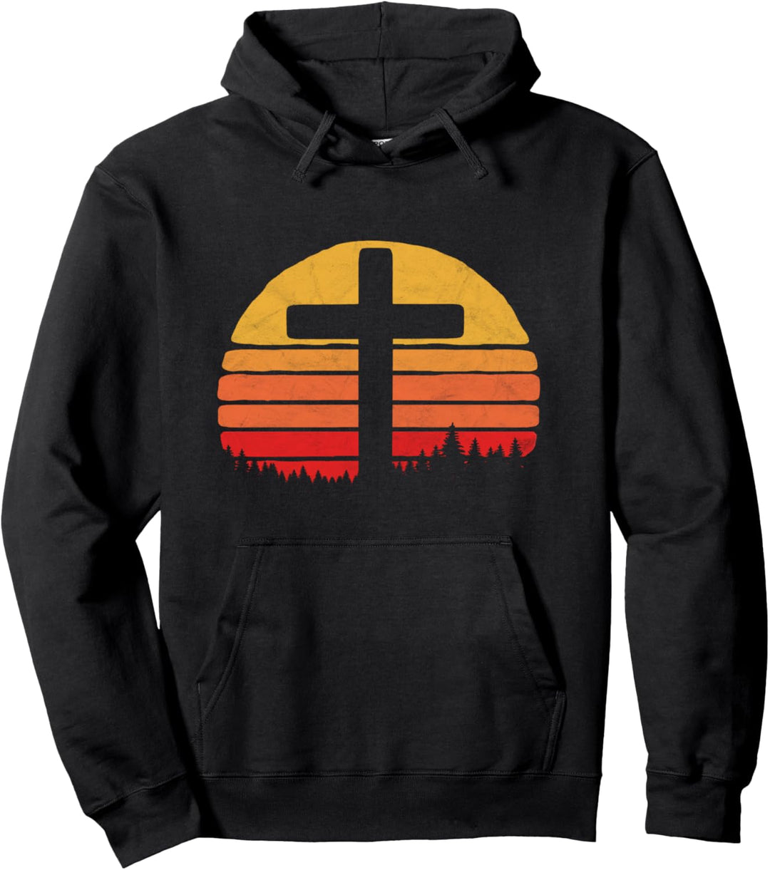 Vintage Christian Cross Retro 80's Style Sun & Trees Nature Pullover Hoodie