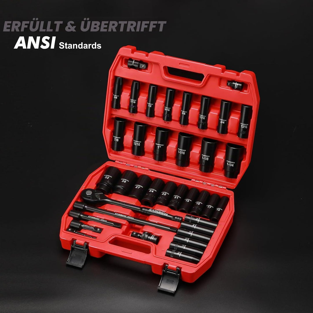 CASOMAN 1/2 Zoll Drive Master Impact Steckschlüssel-Set, 36-teilig tief, Standard SAE (3/8 Zoll bis