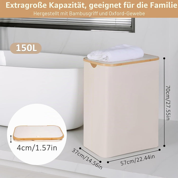 iEGrow Wäschekorb150L XL-Extra Gross 2 Fächer Wäschesammler mit Bambusgriff und Deckel, Laundry Bask