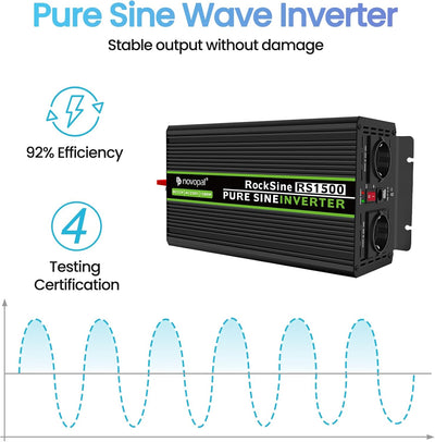 novopal 1500W Wechselrichter 12v Auf 230v Reiner Sinus Spannungswandler mit 2 EU-Steckdose und Einer