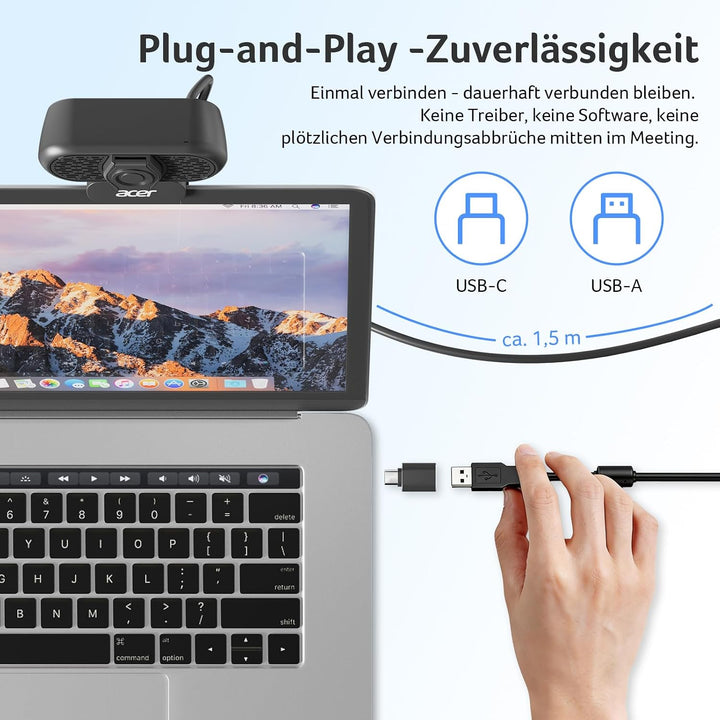 Acer A640 4K-Webcam mit Sony-Sensor, 2K/1080p@60fps, PDAF, Noise-Cancel-Mic, Privacy-Shutter, USB-A-