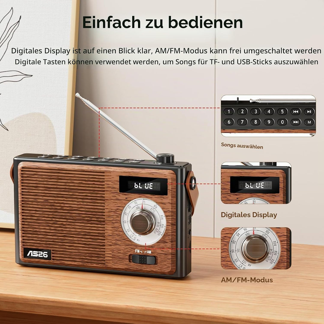 COLSUR Retro Radio mit Bluetooth Lautsprecher, Tragbarer Vintage Radio mit AM/FM Radios mit Batterie