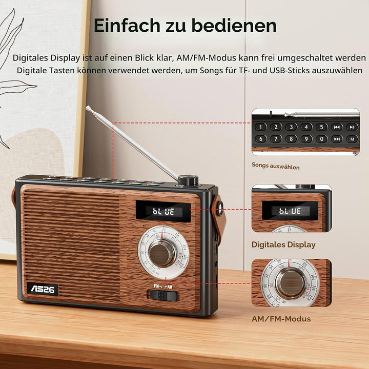 COLSUR Retro Radio mit Bluetooth Lautsprecher, Tragbarer Vintage Radio mit AM/FM Radios mit Batterie