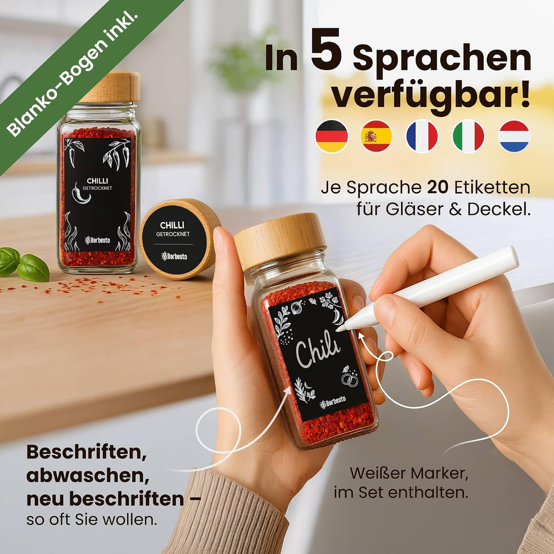 CLP Gewürzgläser eckig 24er Set (120ml), Gewürzstreuer klein mit Streueinsätzen und Etiketten, inkl.