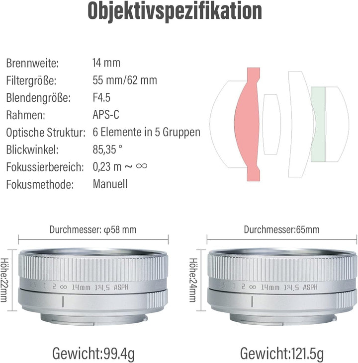 AstrHori 14 mm F4,5 Ultraweitwinkelobjektiv Manuelles APS-C Objektiv Starke Anti-Verzerrung Kompatib