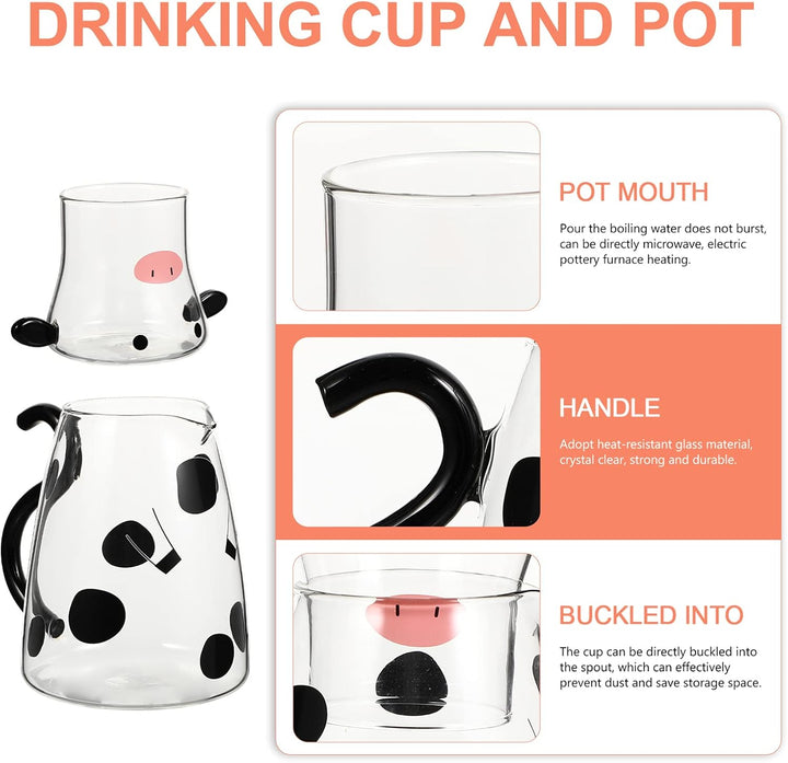 BESTonZON Glaskrug mit Tasse Kuh Figur Glaskaraffe Glaskanne Wasserkrug Eistee Kanne Saftkrug Getr?n