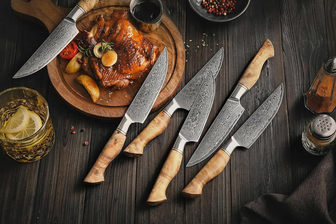 HEZHEN 6PCS Damaskus-Steakmesser Küchenmesser-Set Professionelles geschmiedetes mit hohem Kohlenstof