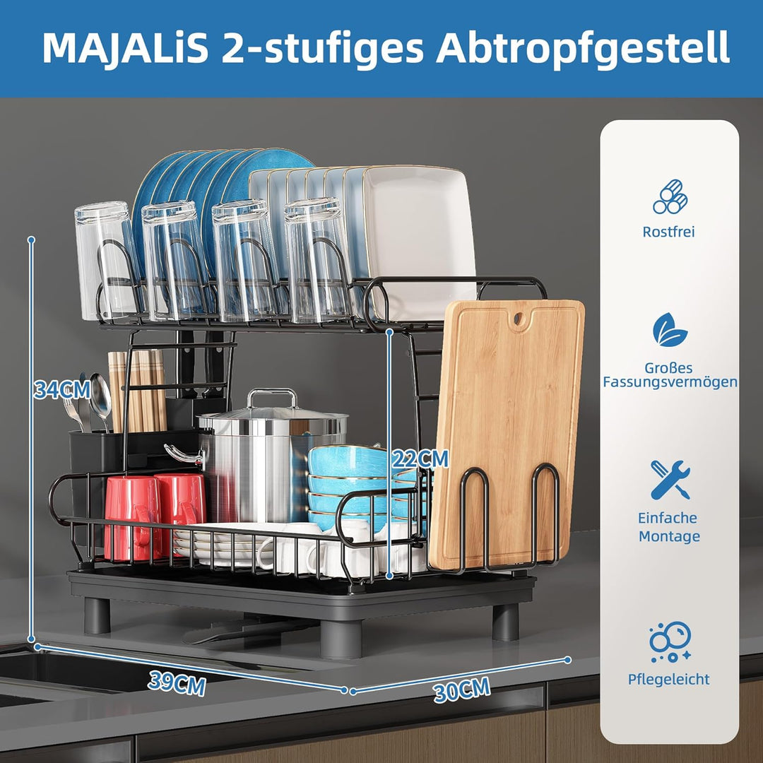 MAJALiS Abtropfgestell Geschirr, 2-Stufiges Geschirrabtropfgestell mit Abtropfschale und Abtropfmatt