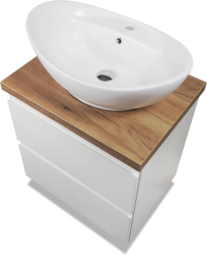 VBChome Badmöbel 50 cm Weiss Aufsatzwaschbecken mit Hahnloch und Armatur 59x39 cm Aufsatzwaschtisch