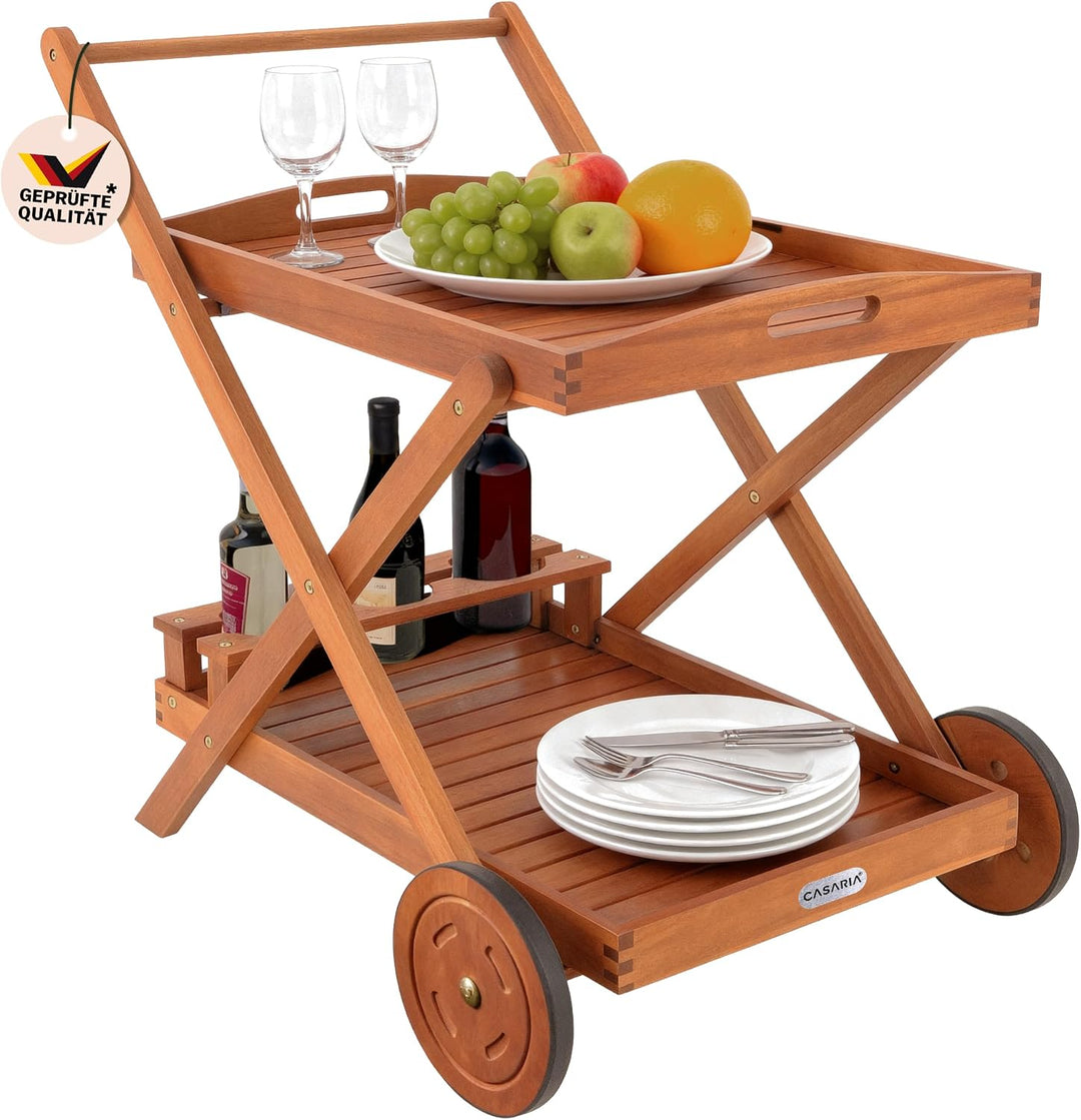 Casaria Servierwagen mit Rollen FSC®- zertifiziertes Akazien Holz 2 Ebenen Tablett Flaschenhalter Kü