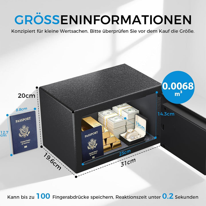 GTPLAYER Tresor für Zuhause, Mini Sicherheitstresor LED-Beleuchtung mit Fingerabdruck, Zahlencode, N