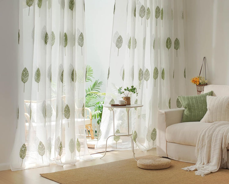 MIULEE Gardinen Transparent mit Grün und Weiss Blätter Muster, Ösen Gardinen 200 cm Hoch, Modern Gar