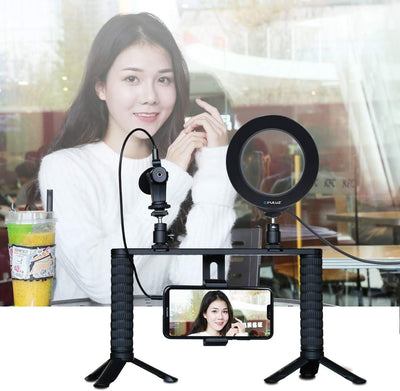 PULUZ 4-in-1 Vlogging Live Broadcast 11,7 cm Ring LED Selfie Licht Smartphone Video Rig Griff Stabil