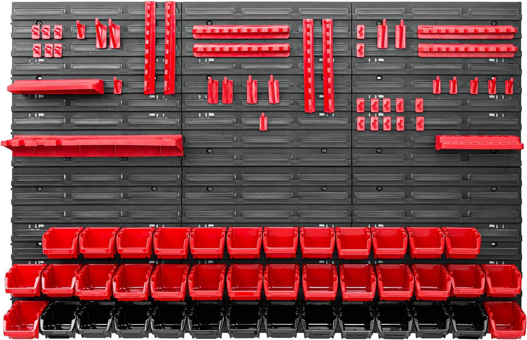Lagersystem Werkstattregal | 117 x 78 cm | 40 stck. Box | Wandregal mit Werkzeughalterungen und Stap