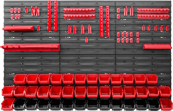 Lagersystem Werkstattregal | 117 x 78 cm | 40 stck. Box | Wandregal mit Werkzeughalterungen und Stap