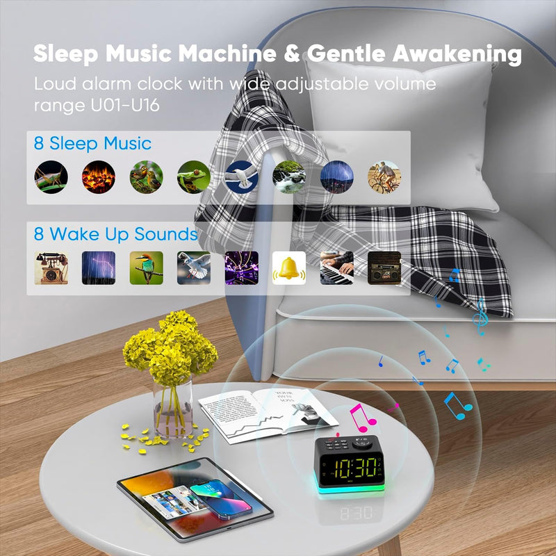 AFEXOA Digital Radiowecker mit 2 Ladestation für Handys, mit Licht, Dual-Wecker, 8 White Noise, Tisc