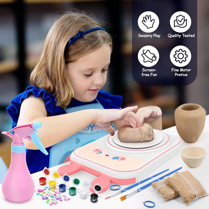 Skirfy Töpferset für Kinder, Töpferscheibe Elektrisch für Kinder, Mini Töpferscheibe mit Töpferton,T