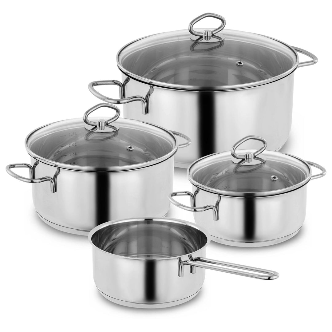 Kopf Topfset Merkur aus Edelstahl - Induktionstöpfe mit Schüttrand, Literskala und Glasdeckel – 4-te