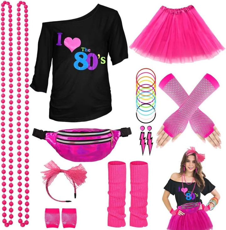 80er Jahre Outfit Damen Set, T-Shirt, Tutu, Gürteltasche, Stirnband, Ohrring, Halskette, Netzhandsch