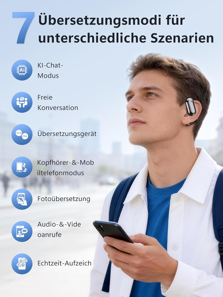 KI Kopfhörer Übersetzer in Echtzeit 4-in-1: Sprachübersetzer Kopfhörer 164 Sprachen 7 Modi mit APP -