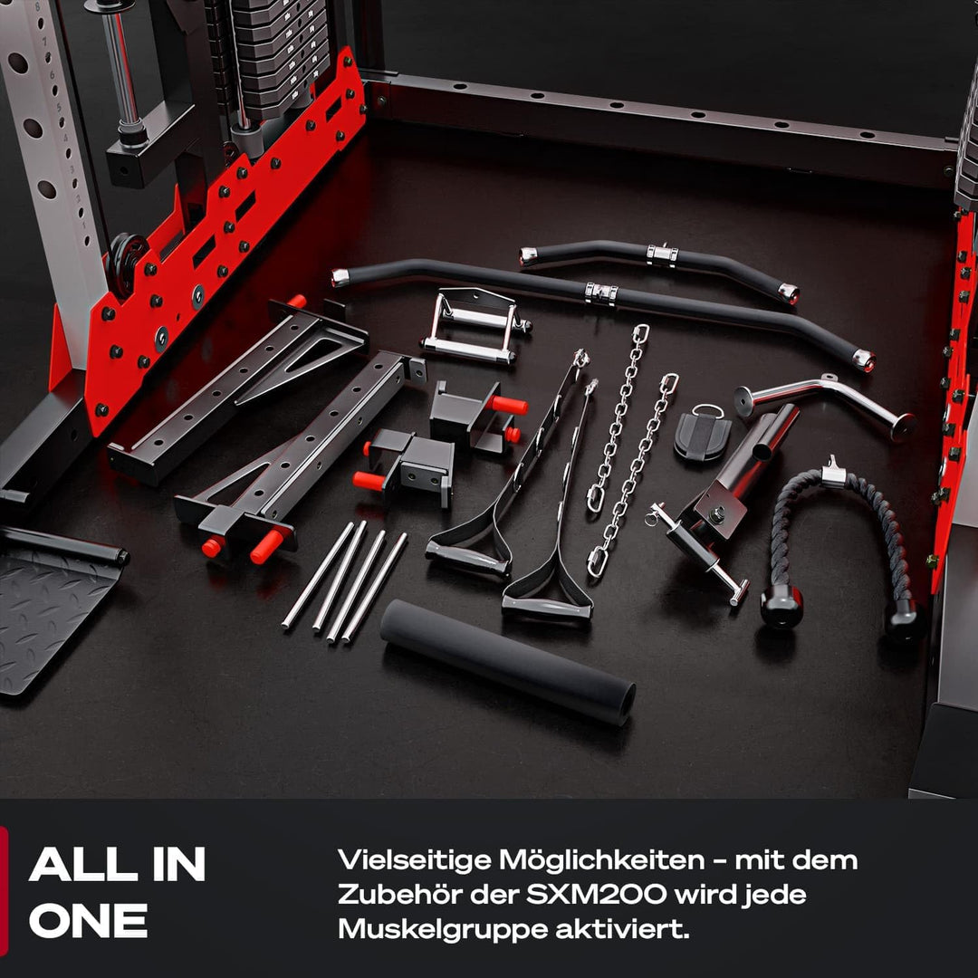 Sportstech SXM200 Smith Machine für Zuhause, Power Rack mit Kabelzug, Klimmzug, Langhantelstange, Be