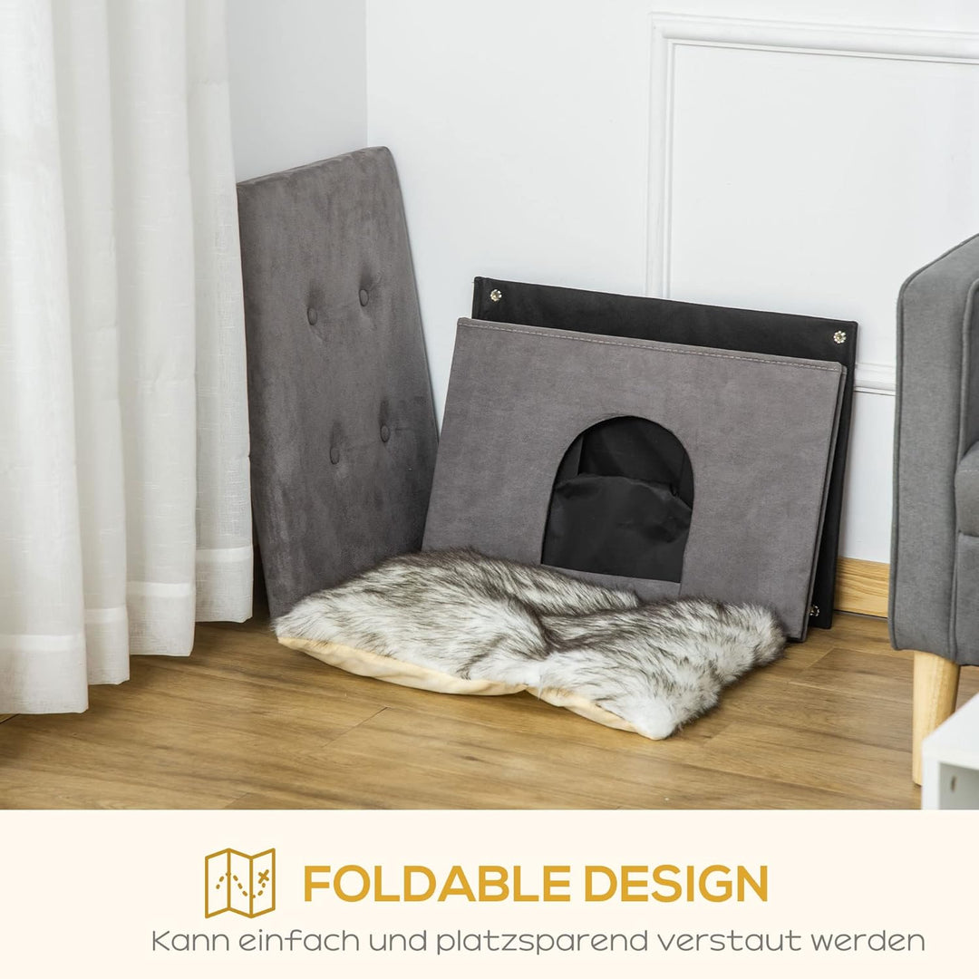 PawHut Katzenhöhle Katzenbett 2-IN-1 Katzenhaus Fusshocker mit Kissen Holzbeine Katzenzelt Haustierh