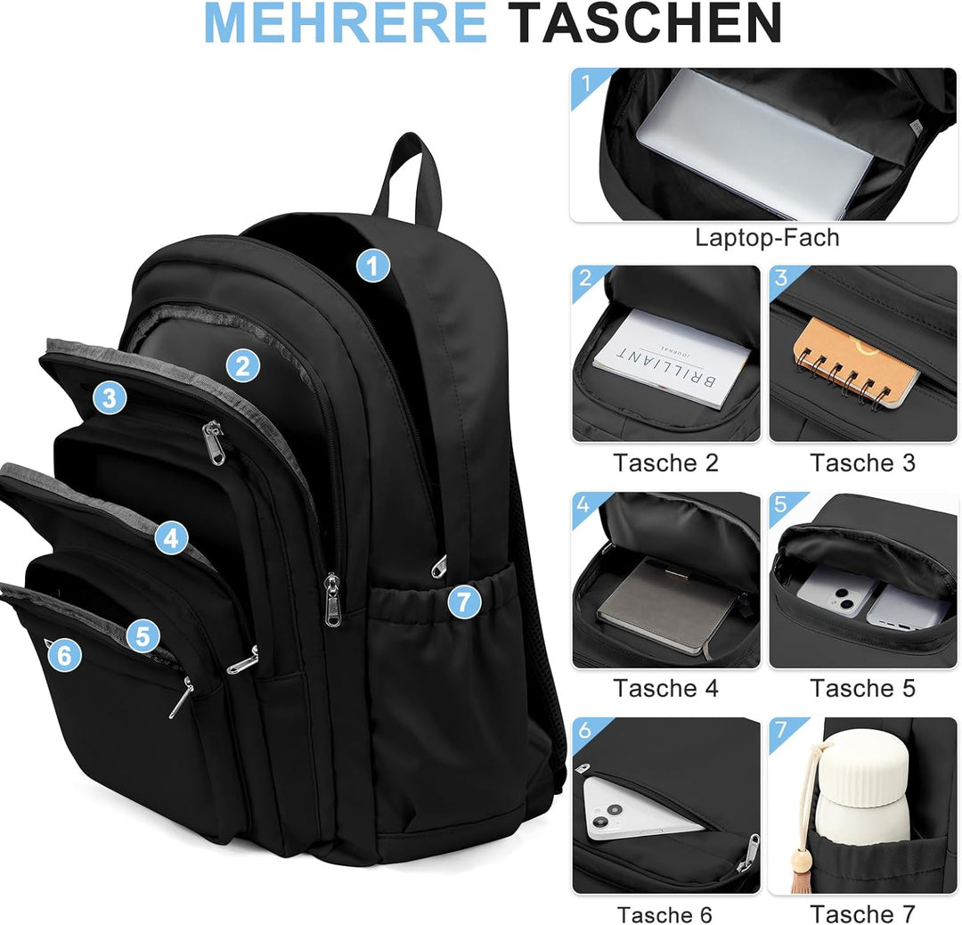 Schwarzer Rucksack Damen Herren, Leichter Schulrucksack Teenager Mädchen Jungen, Wasserabweisend Uni