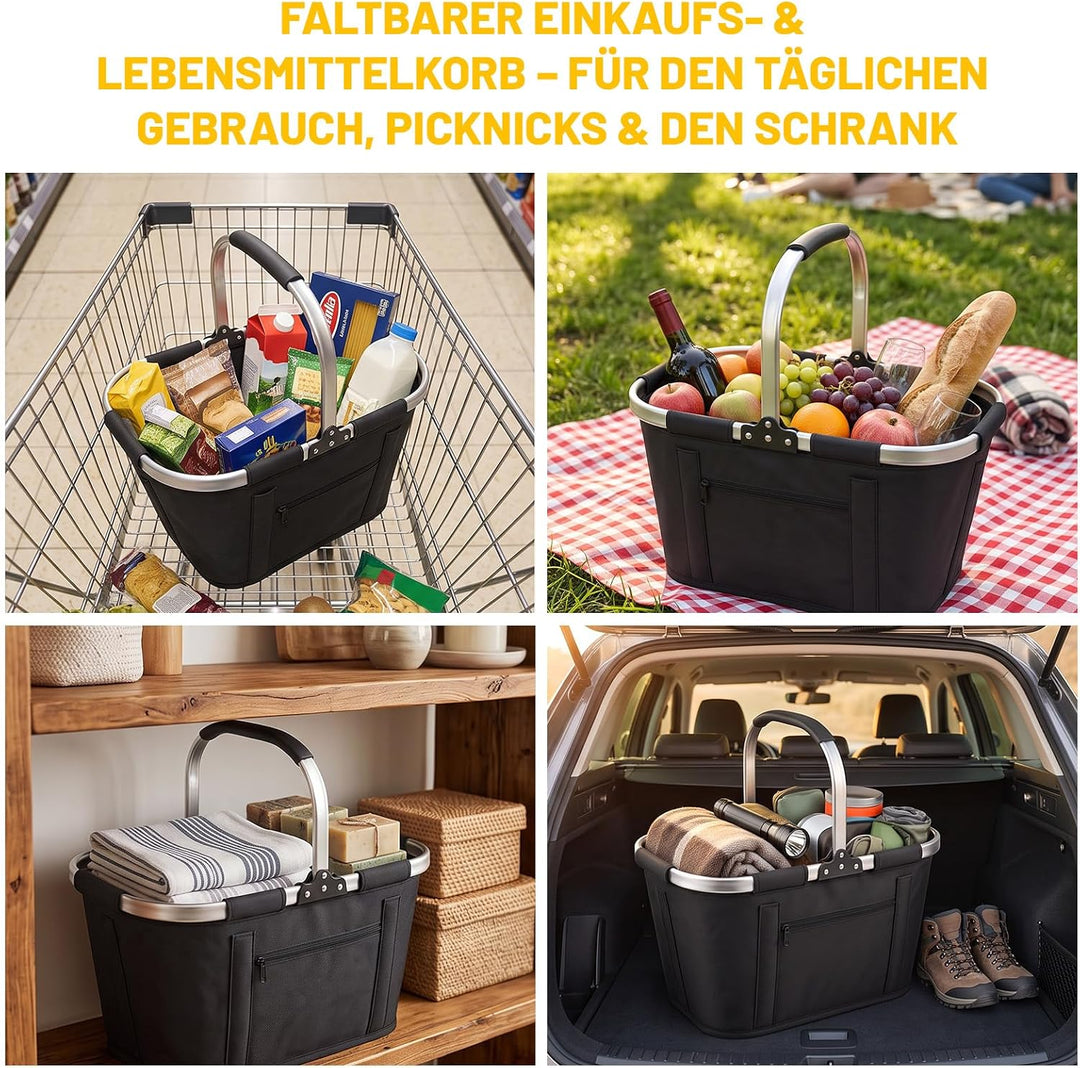 Einkaufskorb Faltbar 35L, Tragekorb aus 600D Oxford, 6 Stützstangen