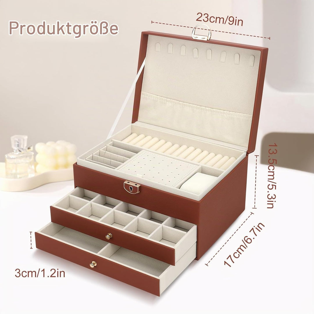 Schmuckkasten, Schmuckkästchen mit 3 Ebenen mit Schubladen, PU-Leder Schmuckbox Schmuckschatulle Gro