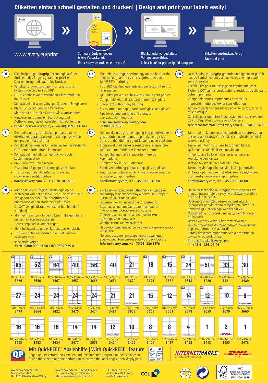 AVERY Zweckform 3477 Adressaufkleber (1.400 Klebeetiketten, 105x41mm auf A4, Papier matt, individuel