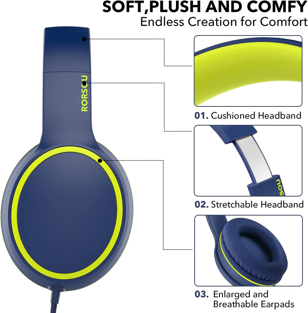 RORSOU R10 Over-Ear Kopfhörer mit Mikrofon, Leichtgewichtige klappbare Stereo-Bass-Headset mit 1,5 m