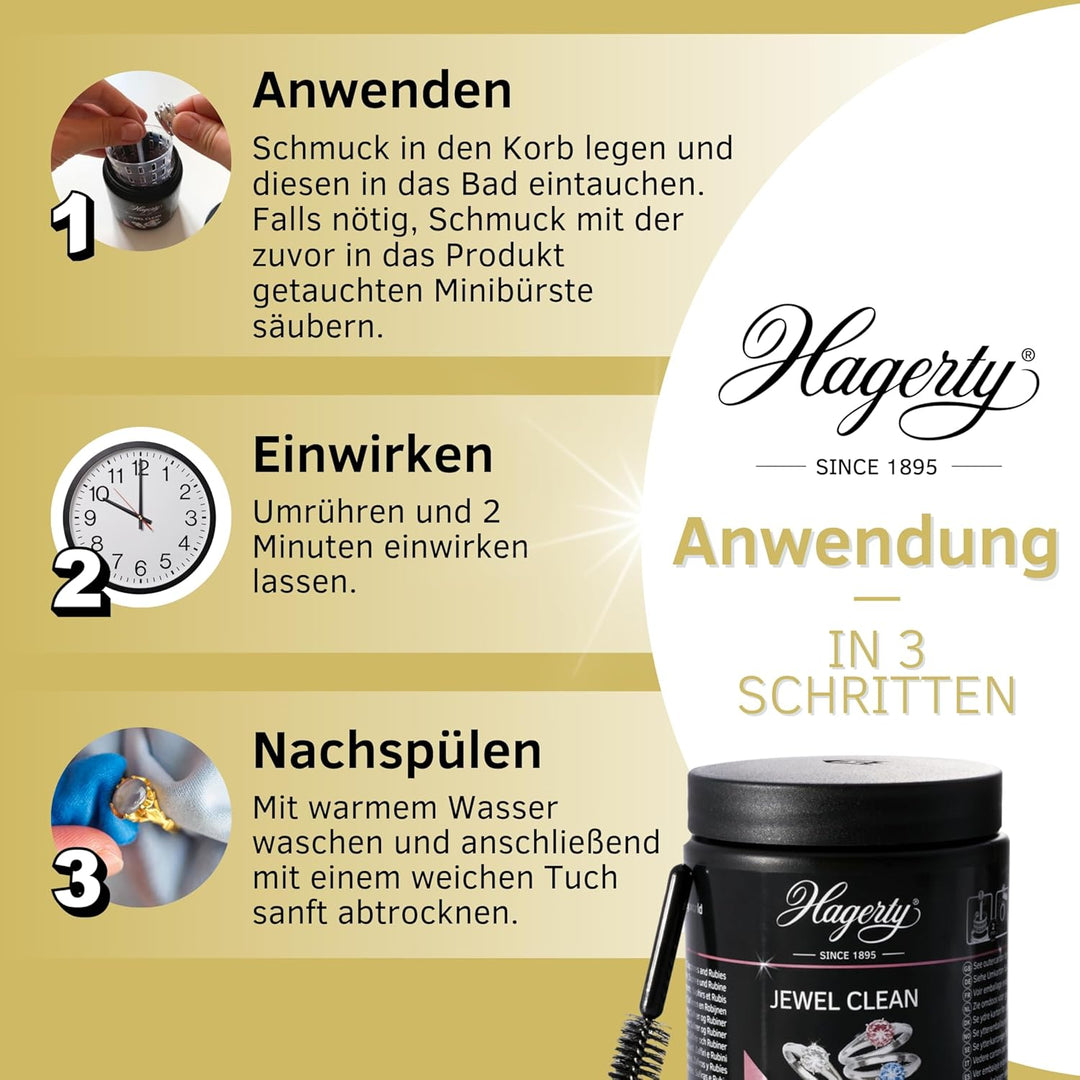 Hagerty Set Jewel Clean Schmucktauchbad + Jewel Cloth Schmuck Reinigungstuch für Edelsteine Gold Pla