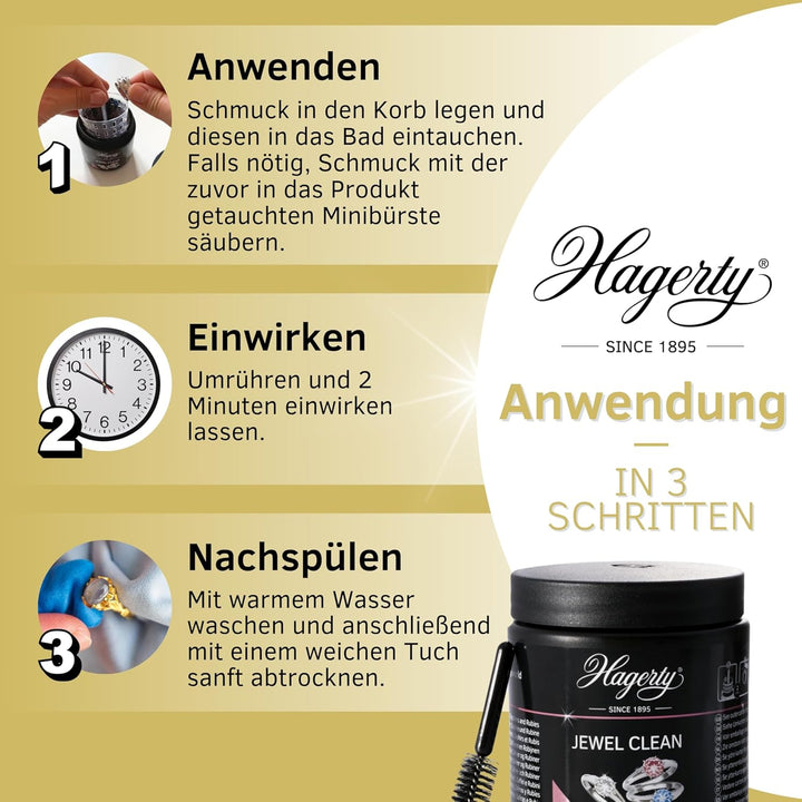 Hagerty Set Jewel Clean Schmucktauchbad + Jewel Cloth Schmuck Reinigungstuch für Edelsteine Gold Pla