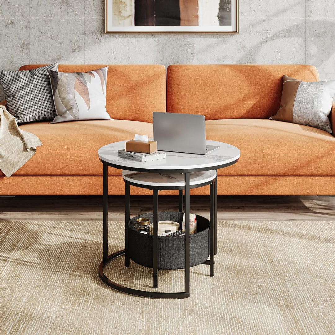 WLIVE Runder Couchtisch Weiss, Wohnzimmer Tisch für Couch mit Stauraum, Beistelltisch mit Metallrahm