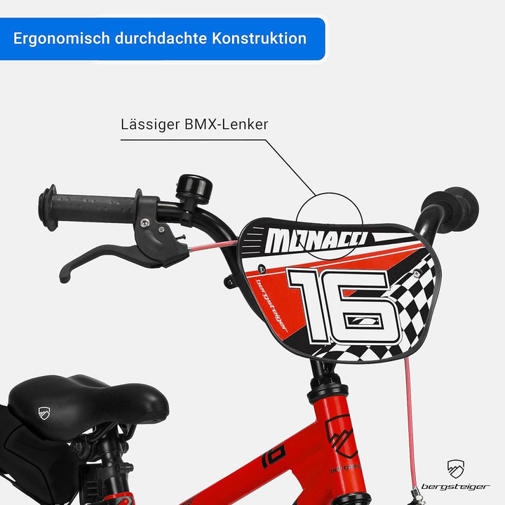 Bergsteiger Monaco 16 Zoll Kinderfahrrad, geeignet für 4, 5, 6 Jahre, BMX, Stützräder, Rücktrittbrem