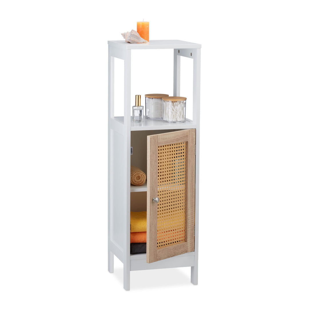 Relaxdays Badezimmerschrank, 3 Fächer, HBT 96,5 x 30 x 30 cm, schmal, MDF, Rattanoptik, Midischrank