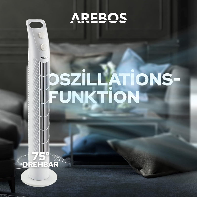 Arebos Turmventilator mit Timer | 40 Watt | 75°-Oszillation | Ventilator mit 3 Geschwindigkeitsstufe