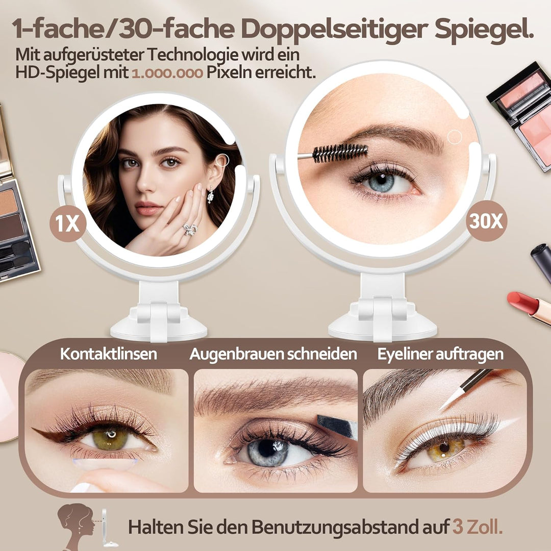 Vergrösserungsspiegel mit Saugnapf 30 Fache, Doppelseitiger Kosmetikspiegel mit Beleuchtung, EIN Bad