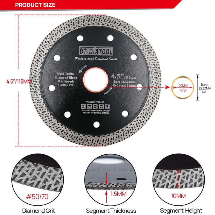 DT-DIATOOL Diamant Trennscheibe 5 Stücke 115 mm x 22,23 mm/20 mm Sägeblatt mit Mesh Turbo für Porzel