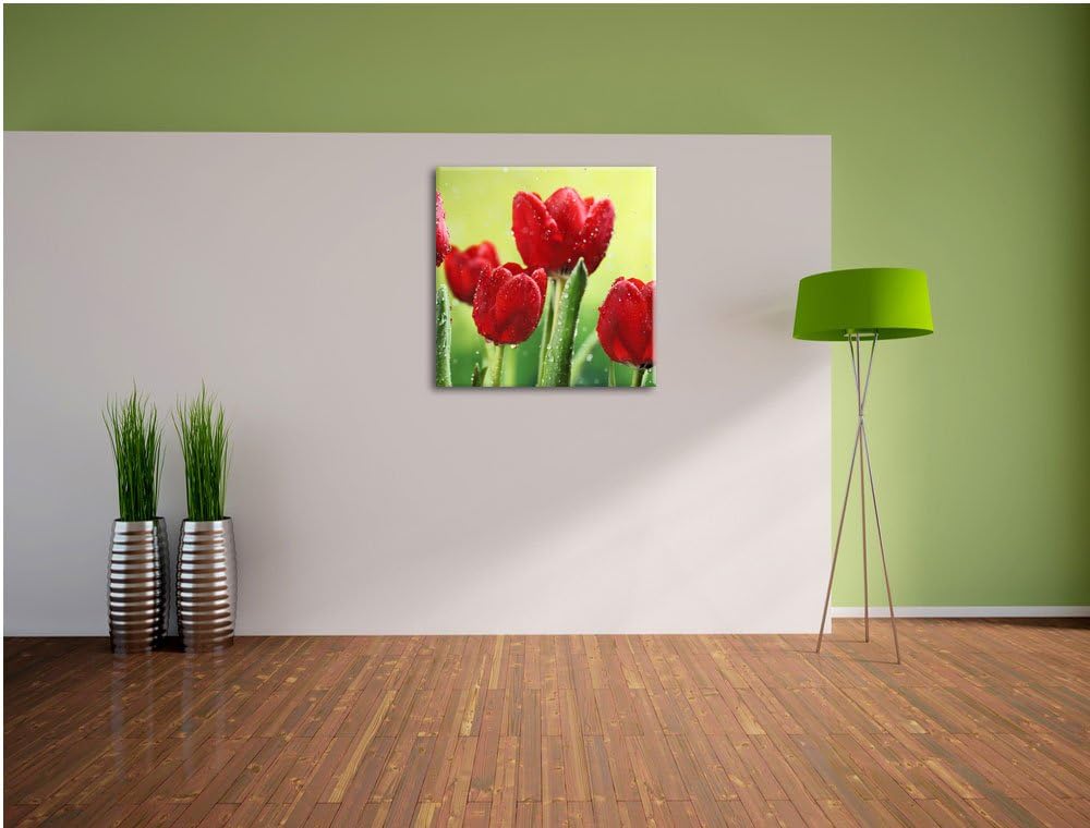 Pixxprint Rote Tulpen mit Tropfen bedeckt, Format: 70x70 auf Leinwand, 70x70
