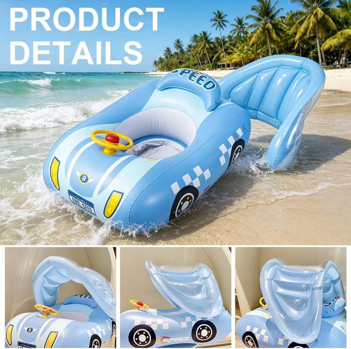 Baby Schwimmring mit Sonnendach, Schwimmring Baby mit Dach UPF50+, Sportauto mit Lenkrad, Leicht zu