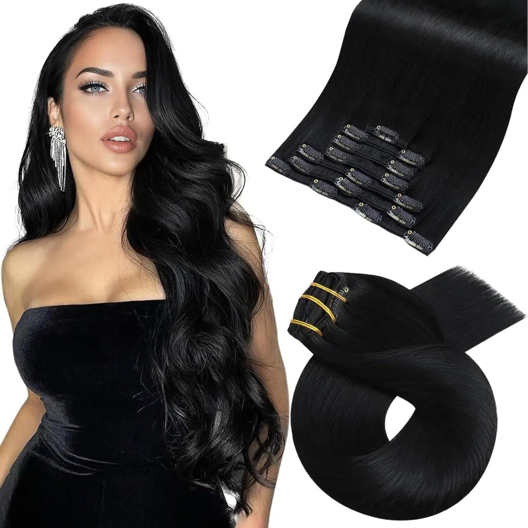 Moresoo Clip in Extensions Schwarz Remy Echthaar Extensions Clip in Haarverlängerung Doppelt Tressen
