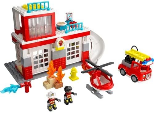 LEGO 10970 DUPLO Feuerwehrwache mit Hubschrauber, Feuerwehr-Spielzeug aus Bausteinen für Kleinkinder