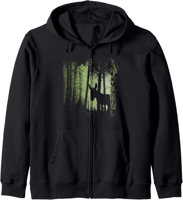 Dämmerung Zwielicht Wald Esel Maultier Silhouette Kapuzenjacke