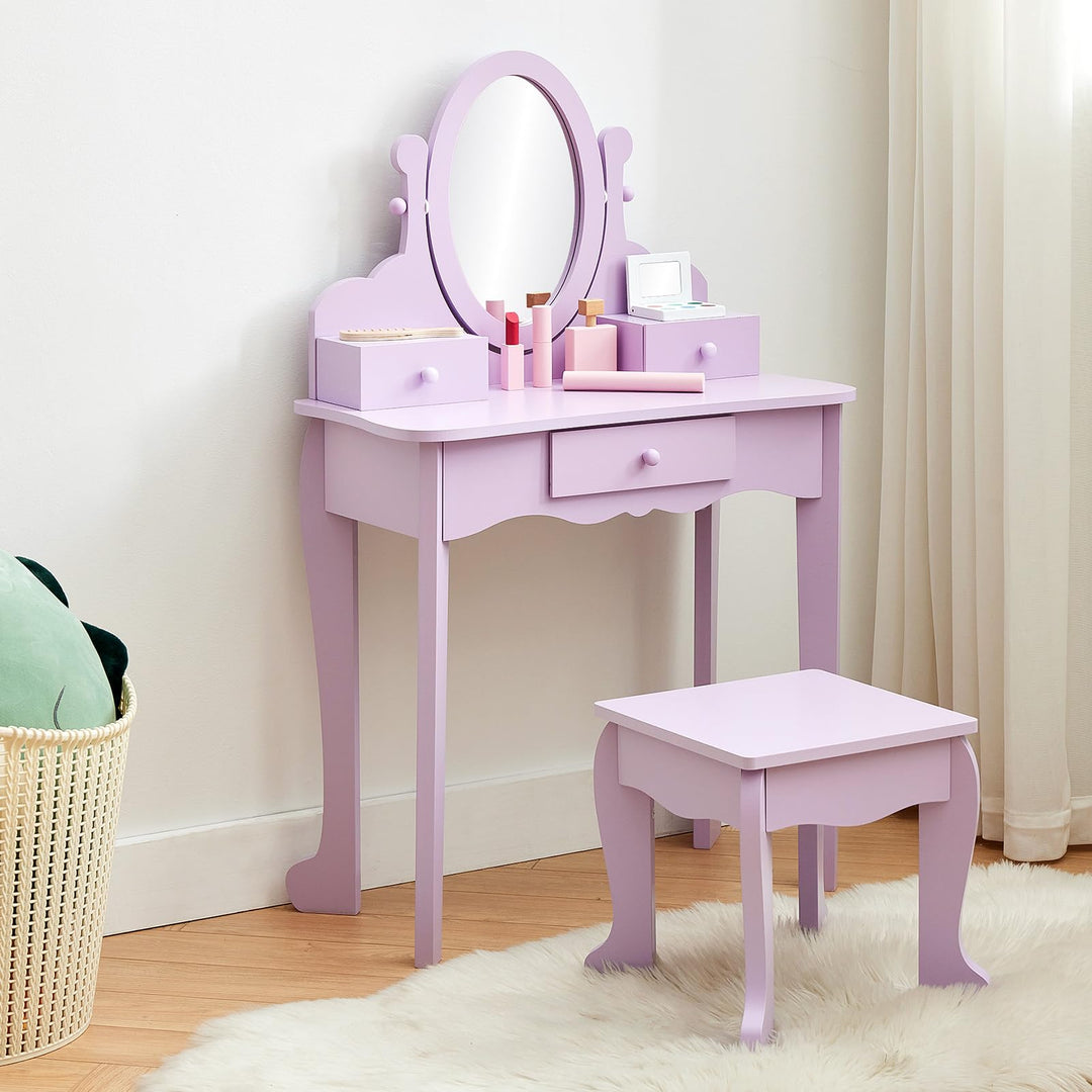 Garvee Prinzessin Schminktisch Set für Kinder aus Holz mit Spiegel & Hocker – Mit Schublade und Stuh