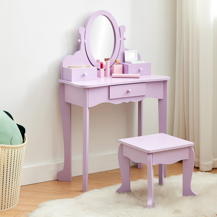 Garvee Prinzessin Schminktisch Set für Kinder aus Holz mit Spiegel & Hocker – Mit Schublade und Stuh