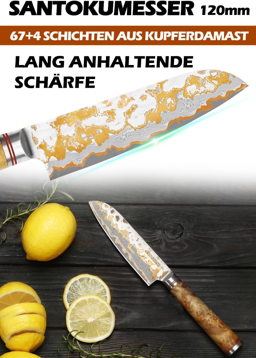 YOUSUNLONG Santoku-Messer 120mm - Handgefertigtes Japanisches Kochmesser mit KupferDamaszener Stahlk