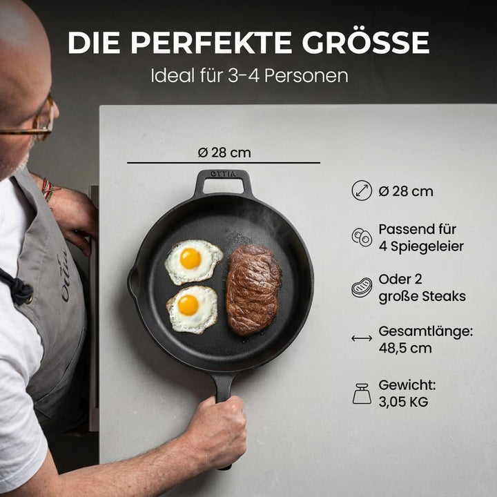 Ottia reine Gusseisenpfanne Induktion 28cm (ungeschliffen), mit eKochbuch, Pfannenwender, waschbarem