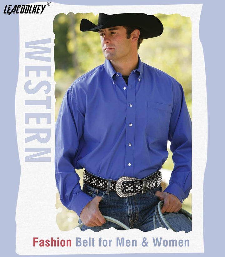 LEACOOLKEY Damen Männer Mode Strass Gürtel, Western Cowgirl Nieten Punk PU Ledergürtel für Jeans XL: