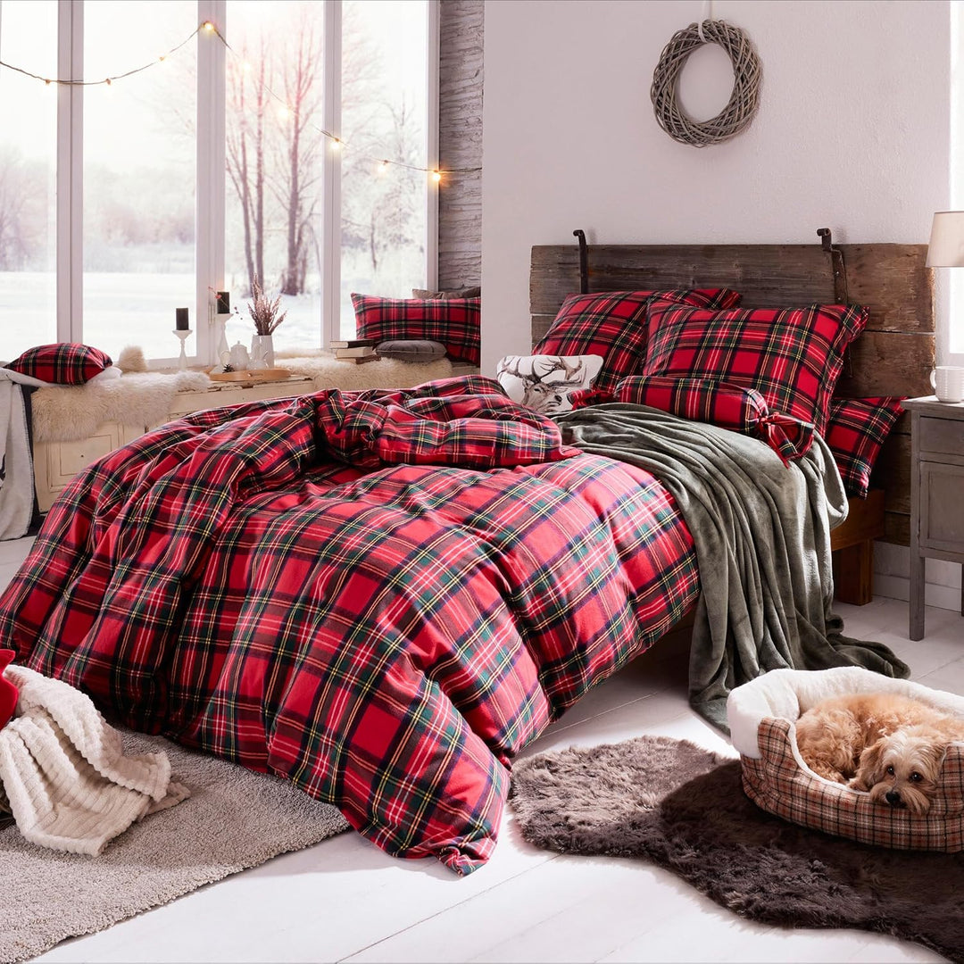 Erwin Müller warme Bettwäsche Flanell buntgewebt rot Grösse 135x200 cm (80x80 cm) - hautsympathisch,